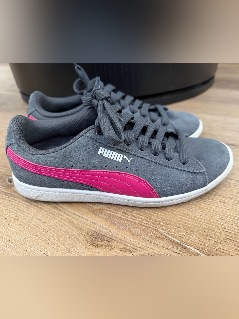 Puma Gray Suede Sneakers with Pink Formstrip